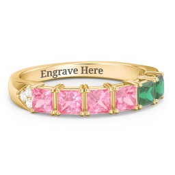 Classic 2-7 Princess Cut Ring with Accents in 10K Solid Yellow Gold with Pink Tourmaline and Emerald