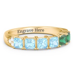 Classic 2-7 Princess Cut Ring with Accents in 10K Solid Yellow Gold with Blue Topaz and Emerald