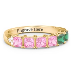 Classic 2-7 Princess Cut Ring with Accents in 10K Solid Yellow Gold with Pink Tourmaline and Emerald