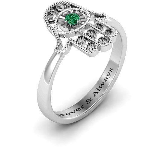 Protection Hamsa Ring – Sterling Silver with Emerald