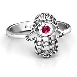 Protection Hamsa Ring in 925 Sterling Silver with Ruby