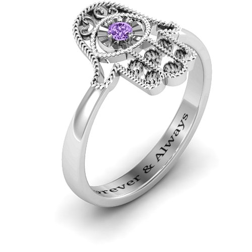 Protection Hamsa Ring – 10K White Gold with Amethyst