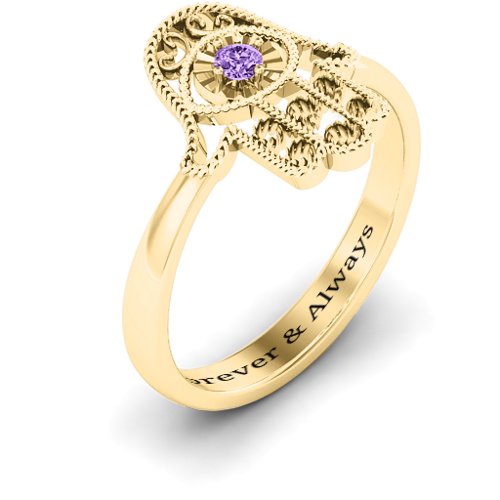 Protection Hamsa Ring – 10K Yellow Gold with Amethyst