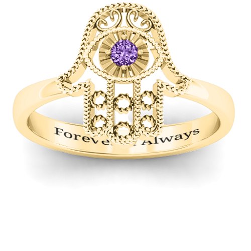 Protection Hamsa Ring – 10K Yellow Gold with Amethyst