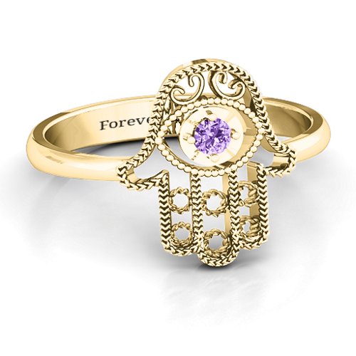 Protection Hamsa Ring – 10K Yellow Gold with Amethyst