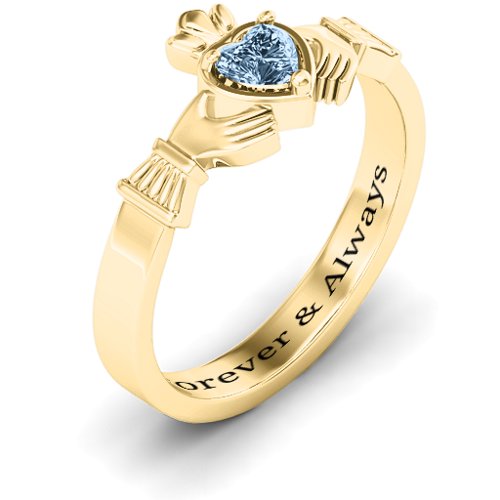 Heart Stone Claddagh Ring – 18K Gold Plated Silver with Aquamarine