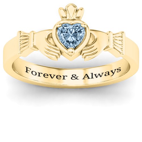 Heart Stone Claddagh Ring – 18K Gold Plated Silver with Aquamarine