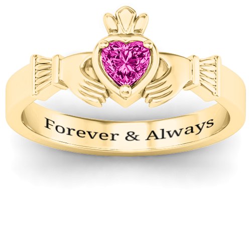 Heart Stone Claddagh Ring – 18K Gold Plated Silver with Pink Tourmaline