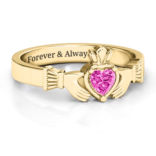 Heart Stone Claddagh Ring – 18K Gold Plated Silver with Pink Tourmaline