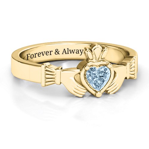Heart Stone Claddagh Ring – 18K Gold Plated Silver with Aquamarine