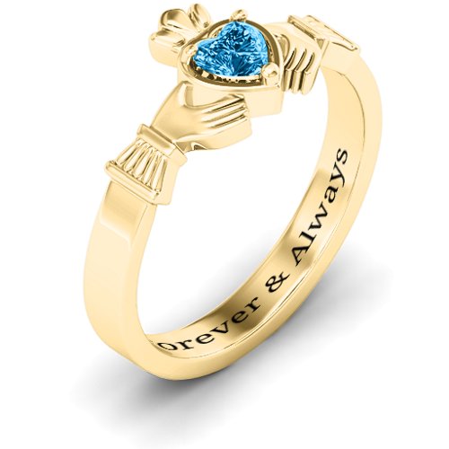 Heart Stone Claddagh Ring – 18K Gold Plated Silver with Blue Topaz