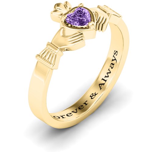 Heart Stone Claddagh Ring – 18K Gold Plated Silver with Amethyst