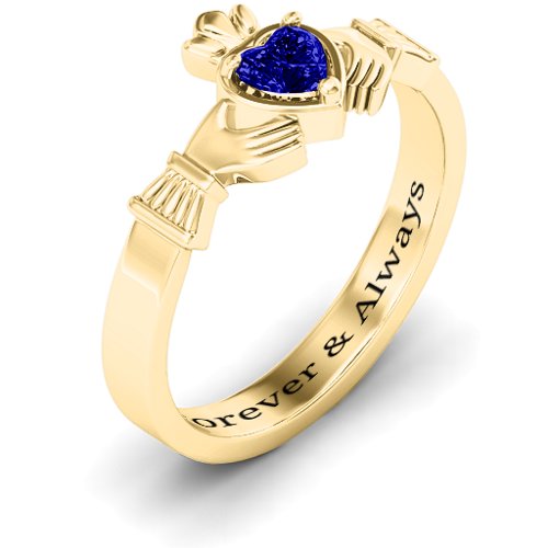 Heart Stone Claddagh Ring – 18K Gold Plated Silver with Blue Sapphire