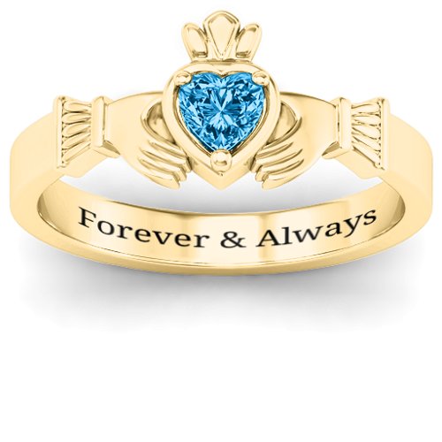 Heart Stone Claddagh Ring – 18K Gold Plated Silver with Blue Topaz