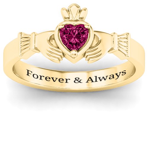 Heart Stone Claddagh Ring – 18K Gold Plated Silver with Ruby