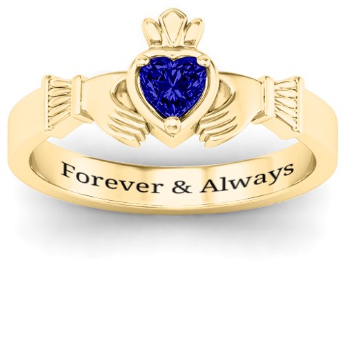 Heart Stone Claddagh Ring – 18K Gold Plated Silver with Blue Sapphire