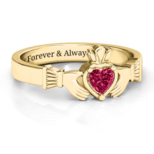 Heart Stone Claddagh Ring – 18K Gold Plated Silver with Ruby
