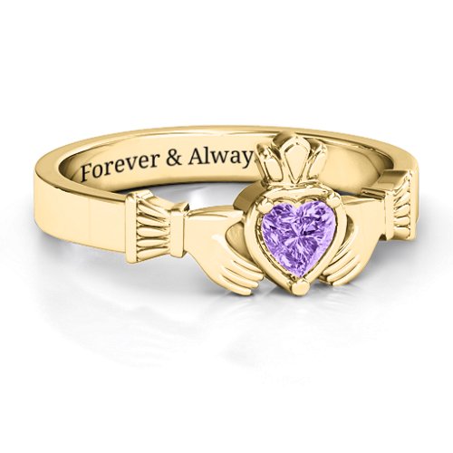Heart Stone Claddagh Ring – 18K Gold Plated Silver with Amethyst
