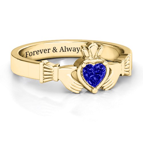 Heart Stone Claddagh Ring – 18K Gold Plated Silver with Blue Sapphire