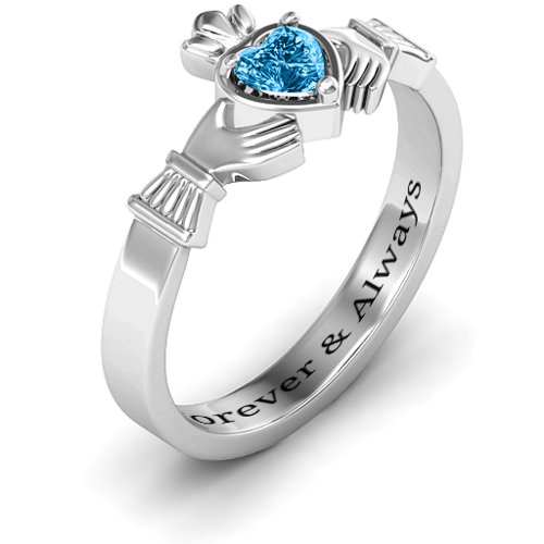 Heart Stone Claddagh Ring – 10K White Gold with Blue Topaz