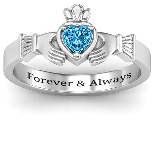 Heart Stone Claddagh Ring – 10K White Gold with Blue Topaz