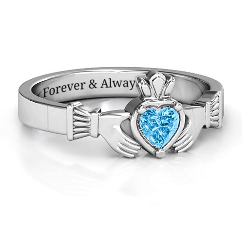 Heart Stone Claddagh Ring – 10K White Gold with Blue Topaz