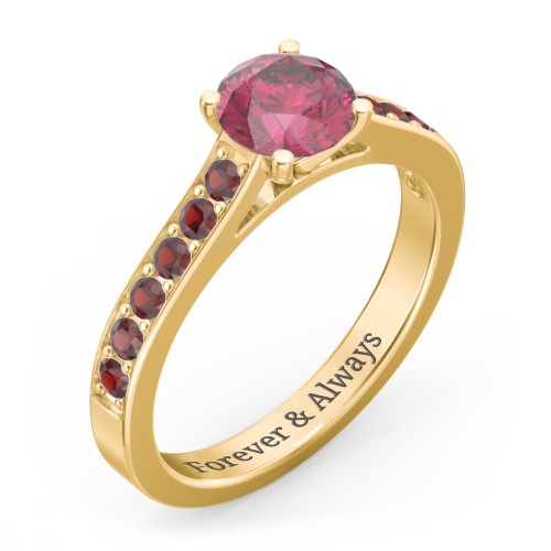 Elegant Duchess Ring with Shoulder Accents – 18K Gold Plated Silver with Red Premium Zirconia and Garnet