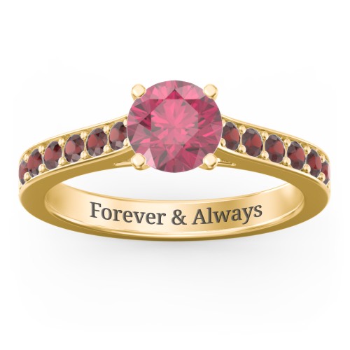 Elegant Duchess Ring with Shoulder Accents – 18K Gold Plated Silver with Red Premium Zirconia and Garnet
