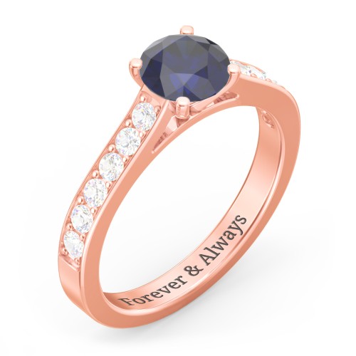 Elegant Duchess Ring with Shoulder Accents – 10K Rose Gold with Blue Sapphire and Cubic Zirconia