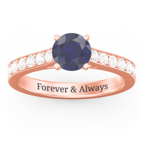 Elegant Duchess Ring with Shoulder Accents – 10K Rose Gold with Blue Sapphire and Cubic Zirconia