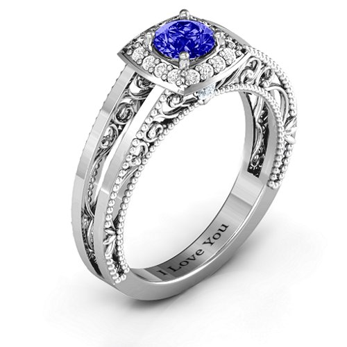 Intricate Love Ring – 10K White Gold with Blue Sapphire, Cubic Zirconia, and White Premium Zirconia