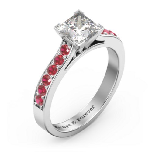 Janelle Princess Cut Ring – Sterling Silver with White Premium Zirconia and Garnet