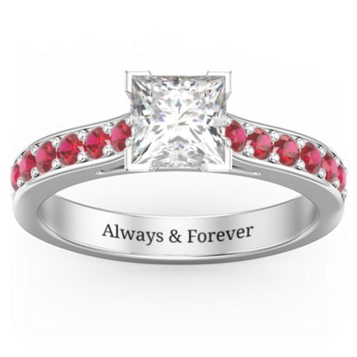 Janelle Princess Cut Ring – Sterling Silver with White Premium Zirconia and Garnet