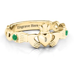 Infinity Claddagh With Side Stones Ring in 18K Gold Plated Silver with Emerald