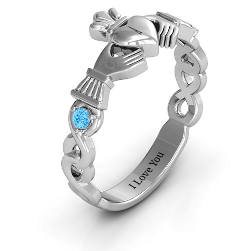 Infinity Claddagh With Side Stones Ring – 10K White Gold with Blue Topaz