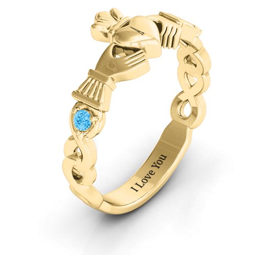 Infinity Claddagh With Side Stones Ring – 10K Yellow Gold with Blue Topaz