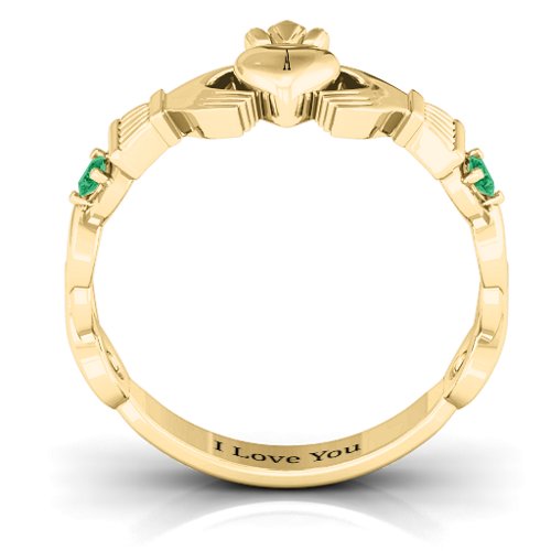 Infinity Claddagh With Side Stones Ring – 18K Gold Plated Silver with Emerald