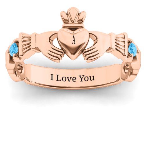 Infinity Claddagh With Side Stones Ring – 10K Rose Gold with Blue Topaz