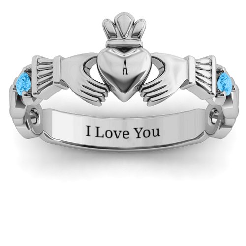 Infinity Claddagh With Side Stones Ring – 10K White Gold with Blue Topaz
