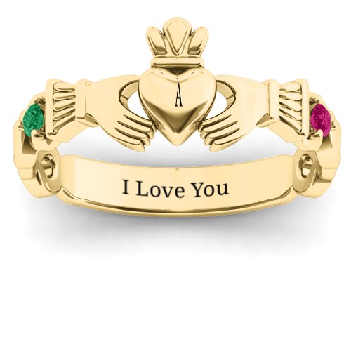 Infinity Claddagh With Side Stones Ring – 10K Yellow Gold with Emerald and Ruby