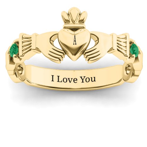 Infinity Claddagh With Side Stones Ring – 18K Gold Plated Silver with Emerald