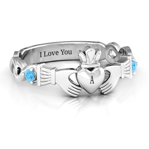Infinity Claddagh With Side Stones Ring – 10K White Gold with Blue Topaz