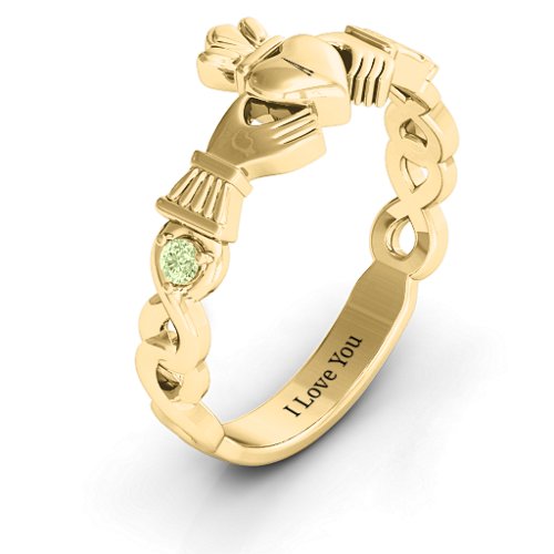 Infinity Claddagh With Side Stones Ring – 18K Gold Plated Silver with Peridot