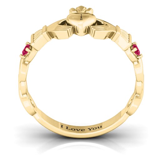 Infinity Claddagh With Side Stones Ring – 18K Gold Plated Silver with Ruby