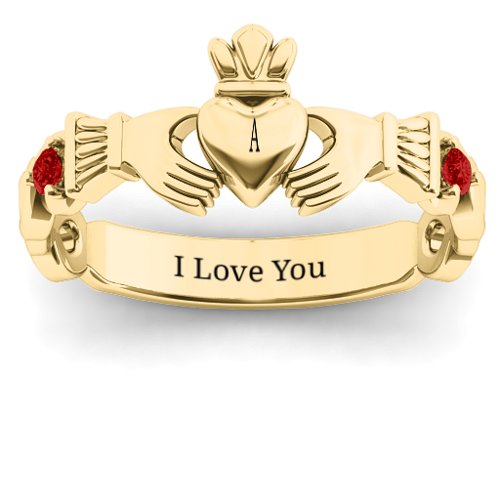 Infinity Claddagh With Side Stones Ring – 18K Gold Plated Silver with Garnet