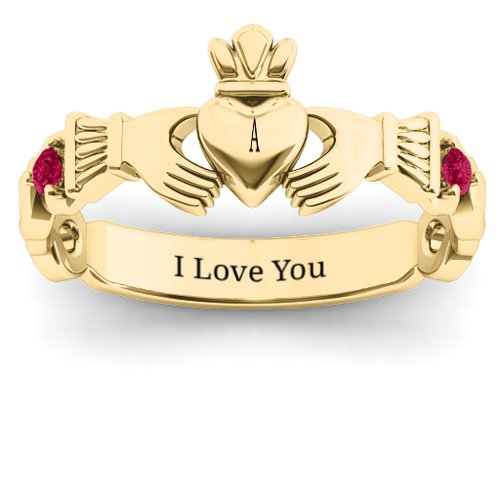 Infinity Claddagh With Side Stones Ring – 18K Gold Plated Silver with Ruby