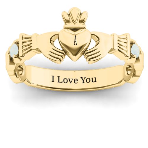 Infinity Claddagh With Side Stones Ring – 18K Gold Plated Silver with Opal