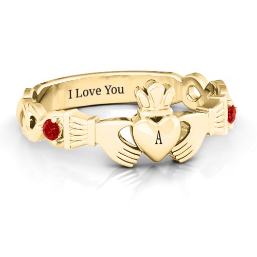 Infinity Claddagh With Side Stones Ring – 18K Gold Plated Silver with Garnet