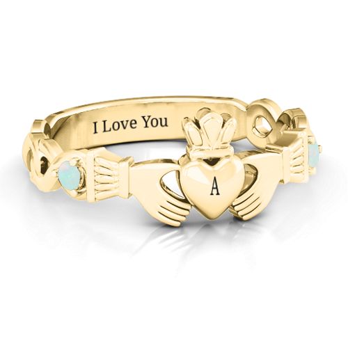 Infinity Claddagh With Side Stones Ring – 18K Gold Plated Silver with Opal