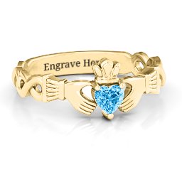 Infinity Claddagh with Heart Stone Ring in 18K Gold Plated Silver with Blue Topaz